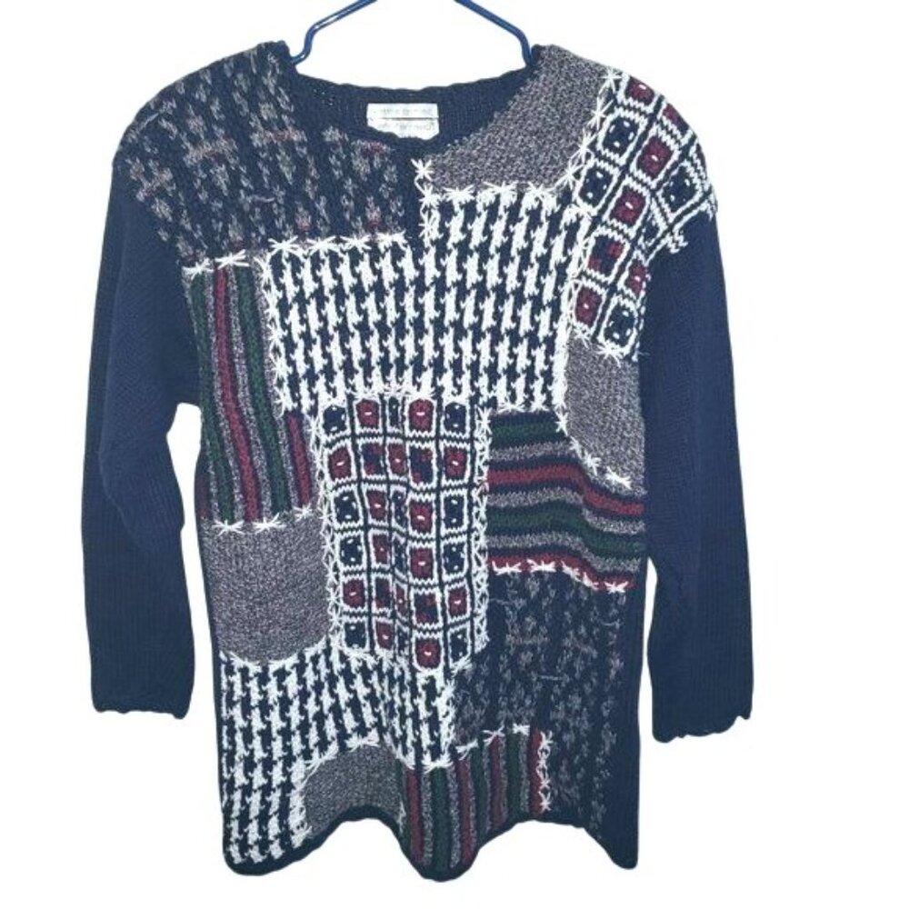 Vintage Jennifer Reed Woman Handknit Sweater Patchwork  Size M Chunky Designer